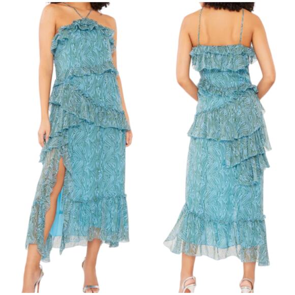 Cinq á Sept NWT Rayner Dress Celeste Size 0 Halter Midi Cascading Ruffles Blue Women